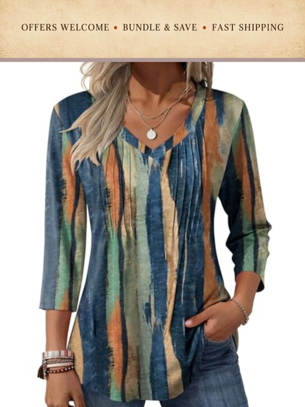 Zeagoo Womens 3/4 Sleeve V Neck Pleated Boho Floral Tunic Blouse